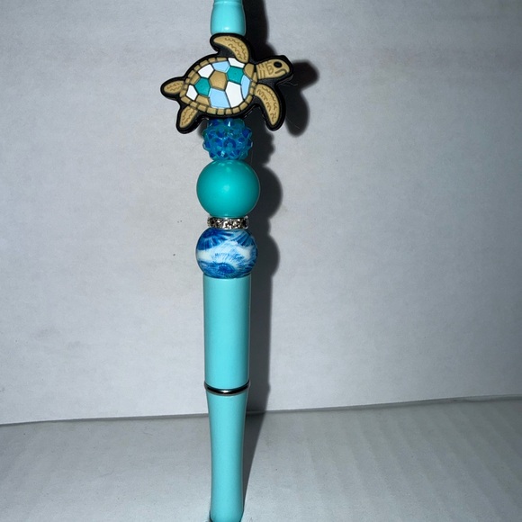 Handmade Other - Handmade Beaded Pen- Turquoise Sea Turtle Design with silicone and resin beads